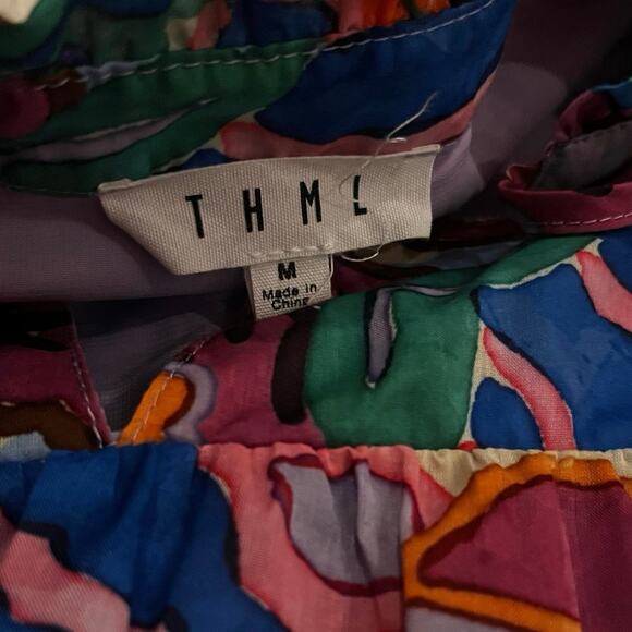 THML Abstract Floral Print V-Neck Dress Tassels  Ruffle Cap Sleeve Boho Size M - Picture 3 of 7